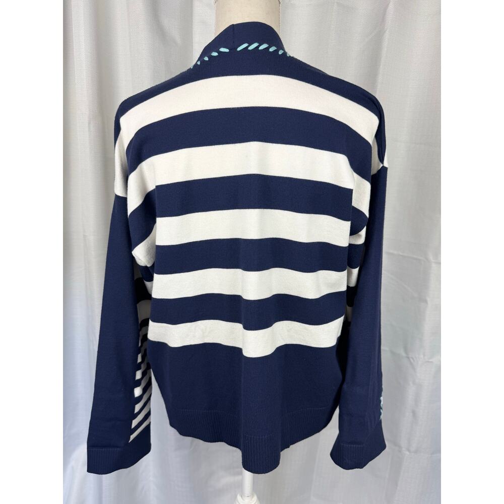 Chico's Striped Cardigan Sweater M Nautical Coastal Grandma Open Front - Picture 5 of 7